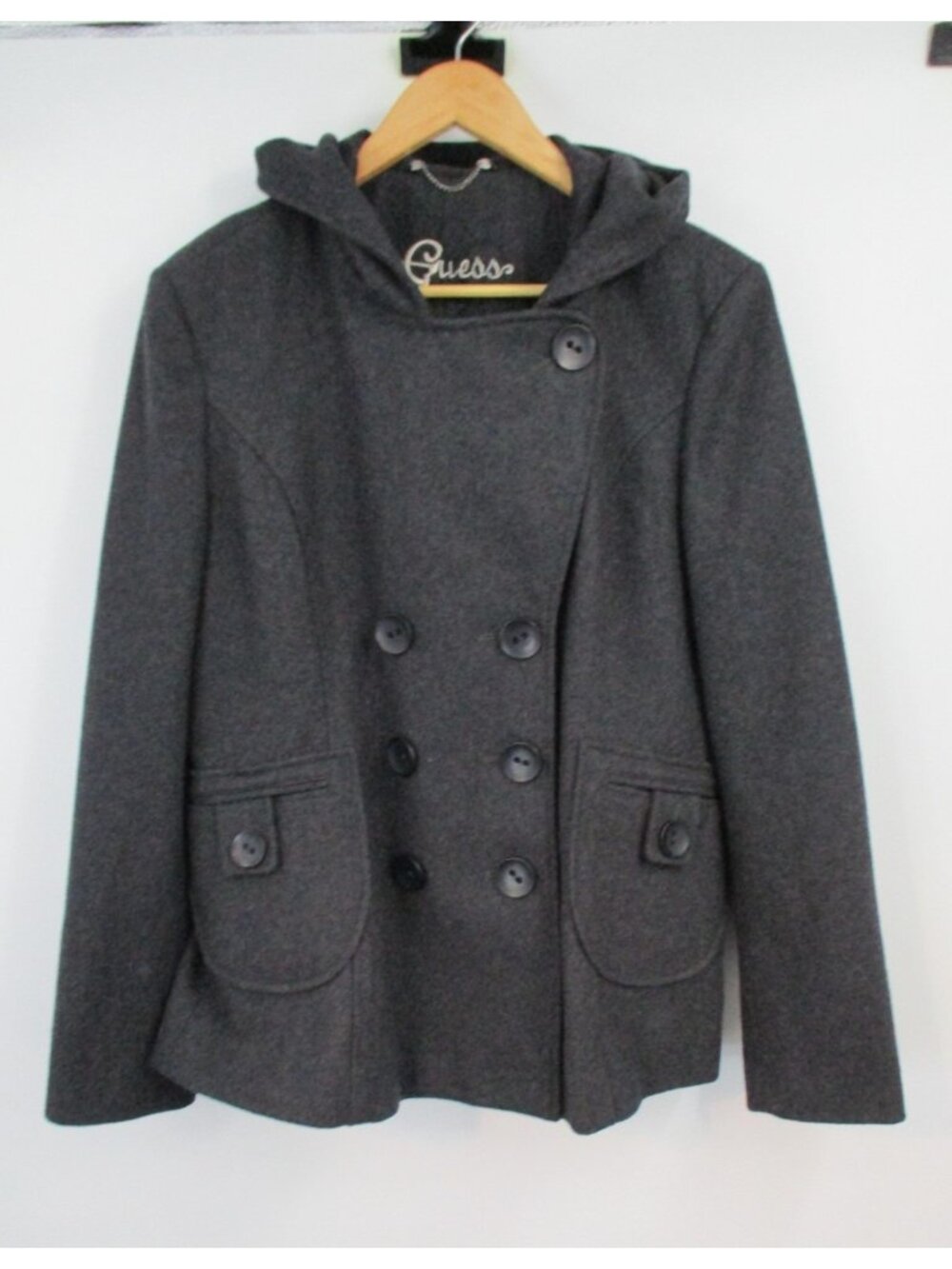 Guess Double Breasted Hooded Pea Coat Wool Blend Charcoal Gray Womens XL